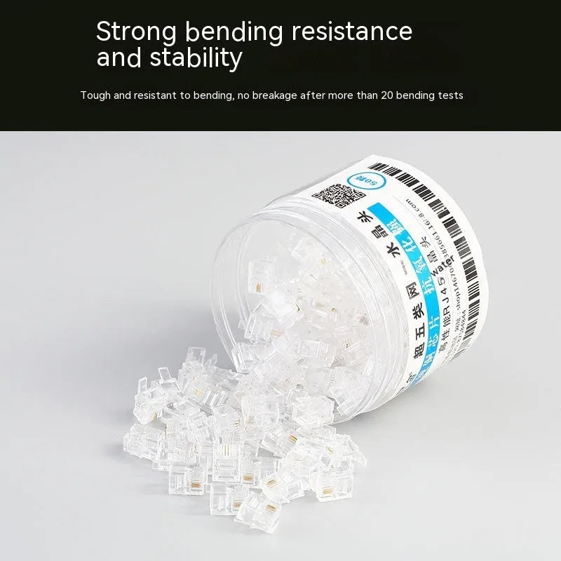 White Category 6 RJ45 crystal plug in canned pack with 100 pieces, injection moulded