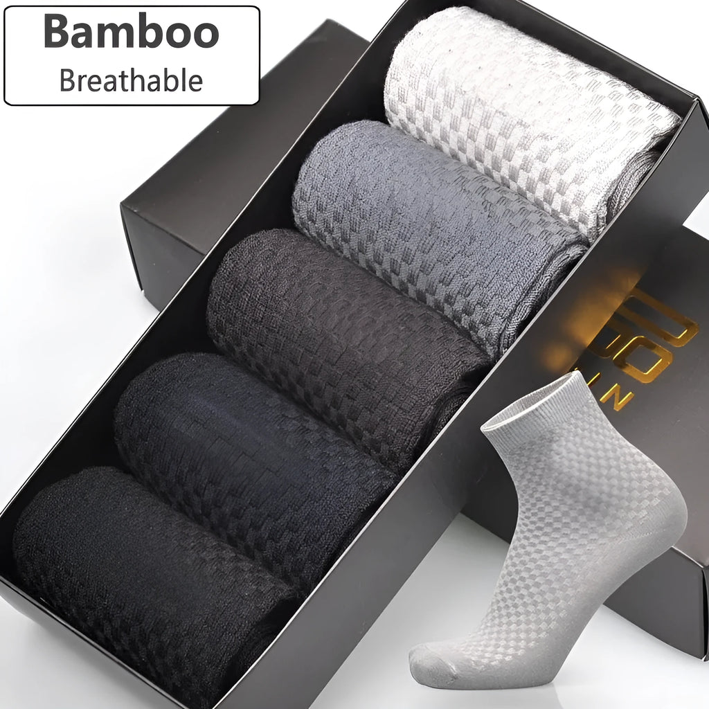Men's bamboo fibre socks in a small square pattern, shown in neutral colours including grey and navy.