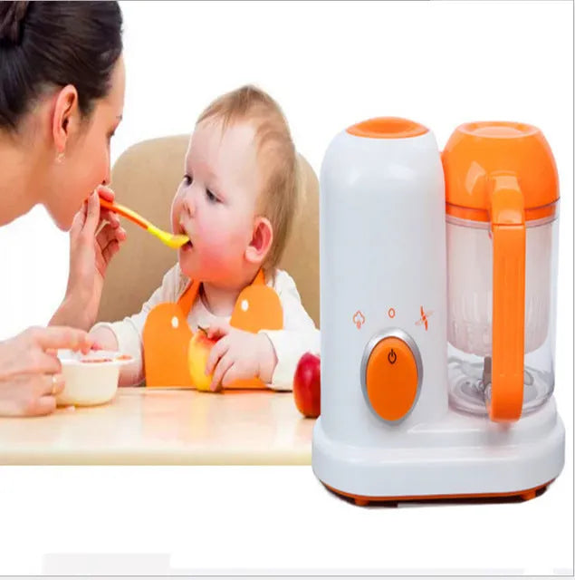 Multi-function baby food processor in light green or light pink, 190ml capacity, 23x12.8x20cm, with steam, blend and heat functions.