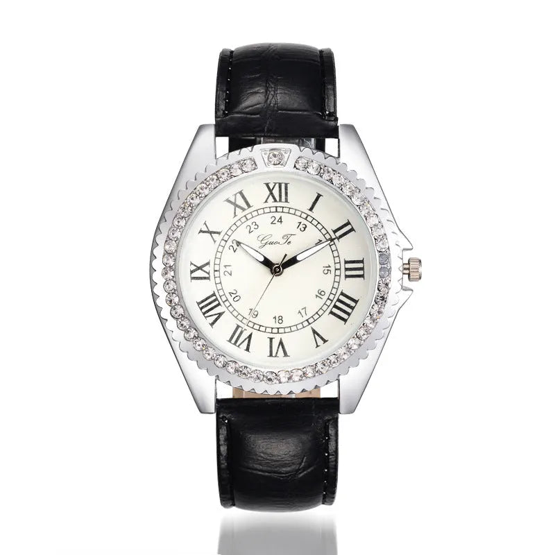 Women's Roman scale gear watch with 40mm alloy dial, faux leather strap, needle buckle, 41g weight, shown in Black