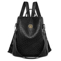 Women's anti-theft backpack in black PU material with multiple compartments and urban styling