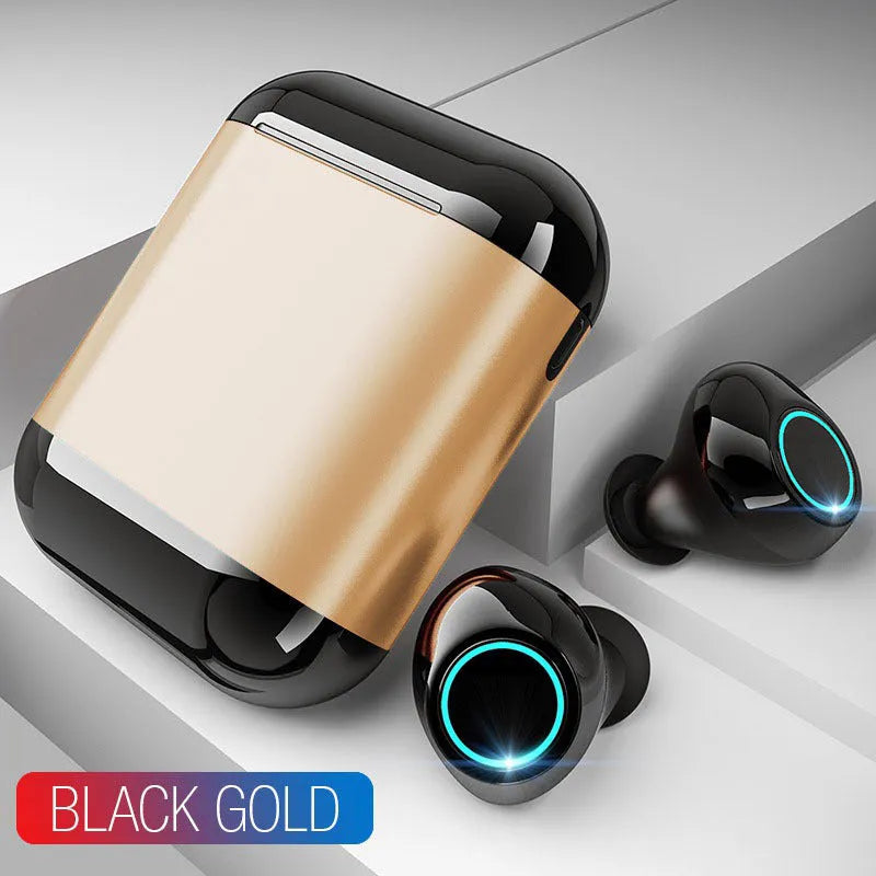 Black Bluetooth TWS wireless earbuds with a charging case, shown with gold and light grey colour options.