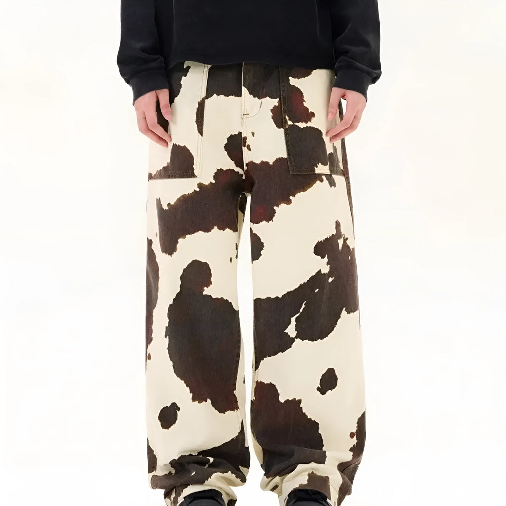 Men's straight-leg casual trousers with a retro cows pattern in 7698 cow colour.