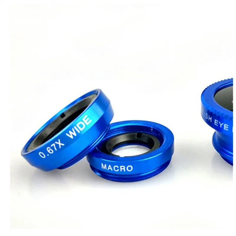 3-in-1 universal smartphone camera lens kit with fisheye, wide angle and macro lenses in aluminium alloy