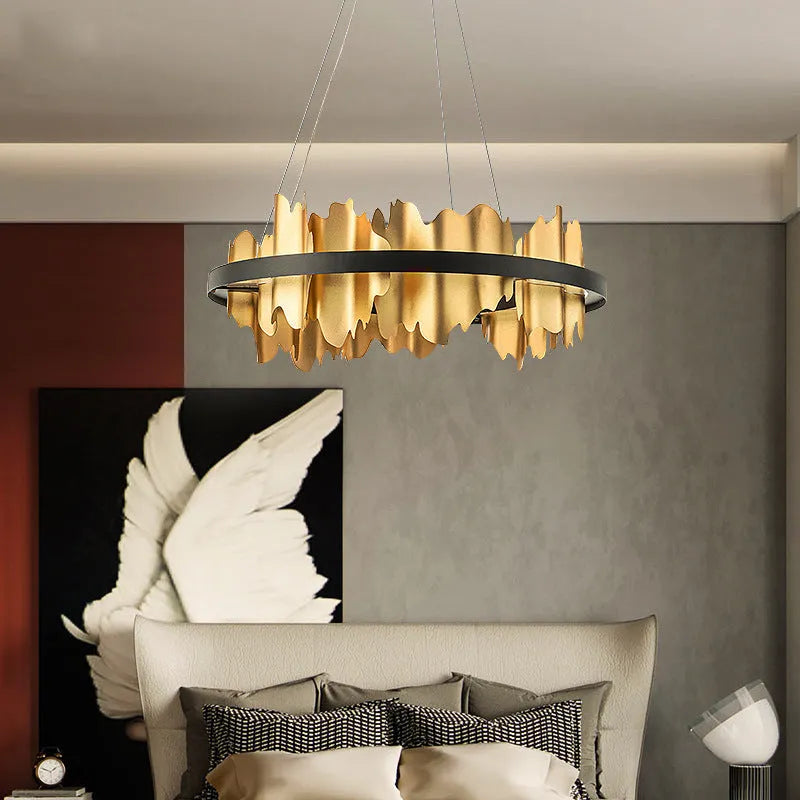 LED pendant lamp with organic glass body and iron construction, black or gold, 60cm or 80cm diameter