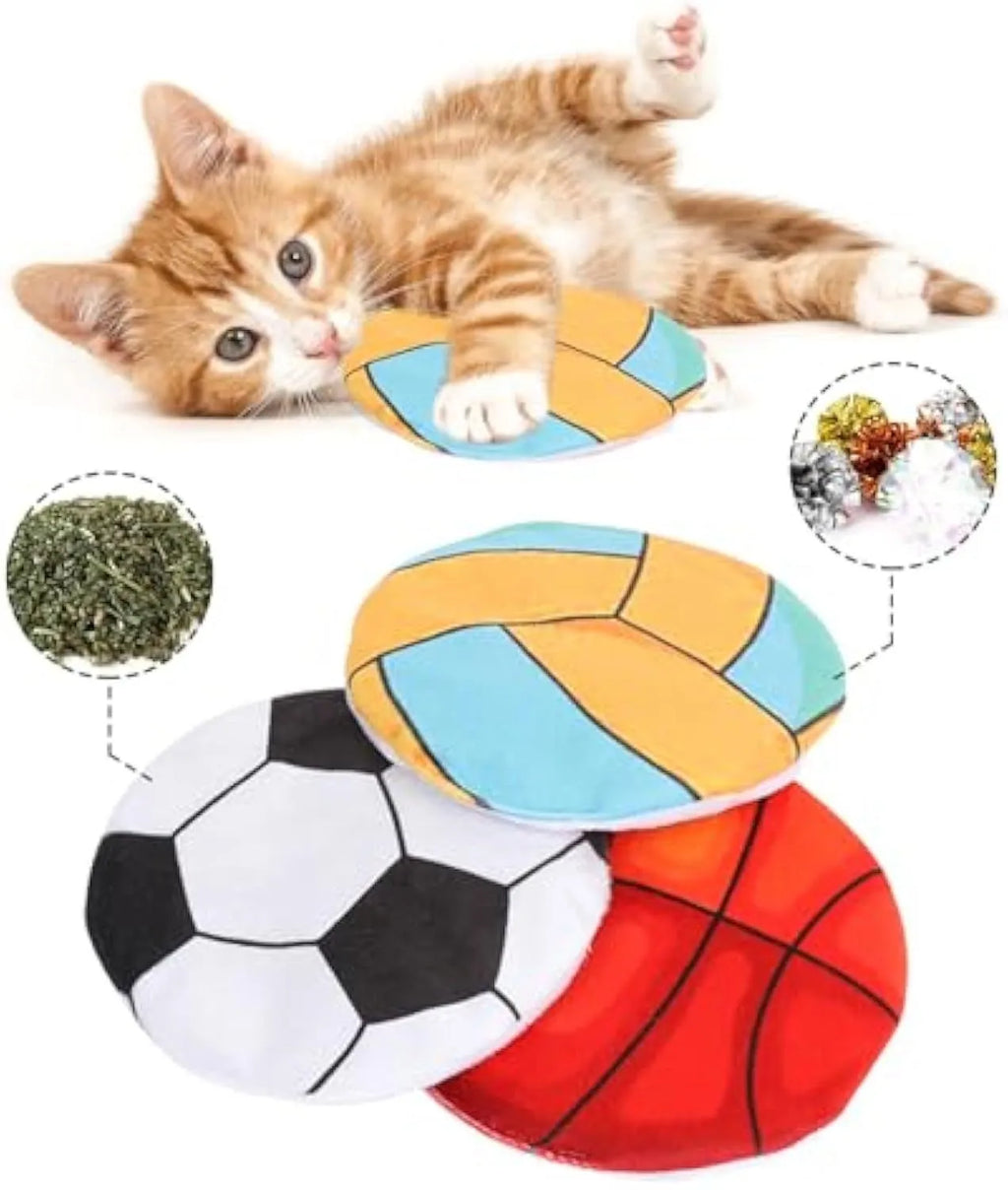 Plush flying disc cat toy with sports ball pattern measuring 5x5x2cm