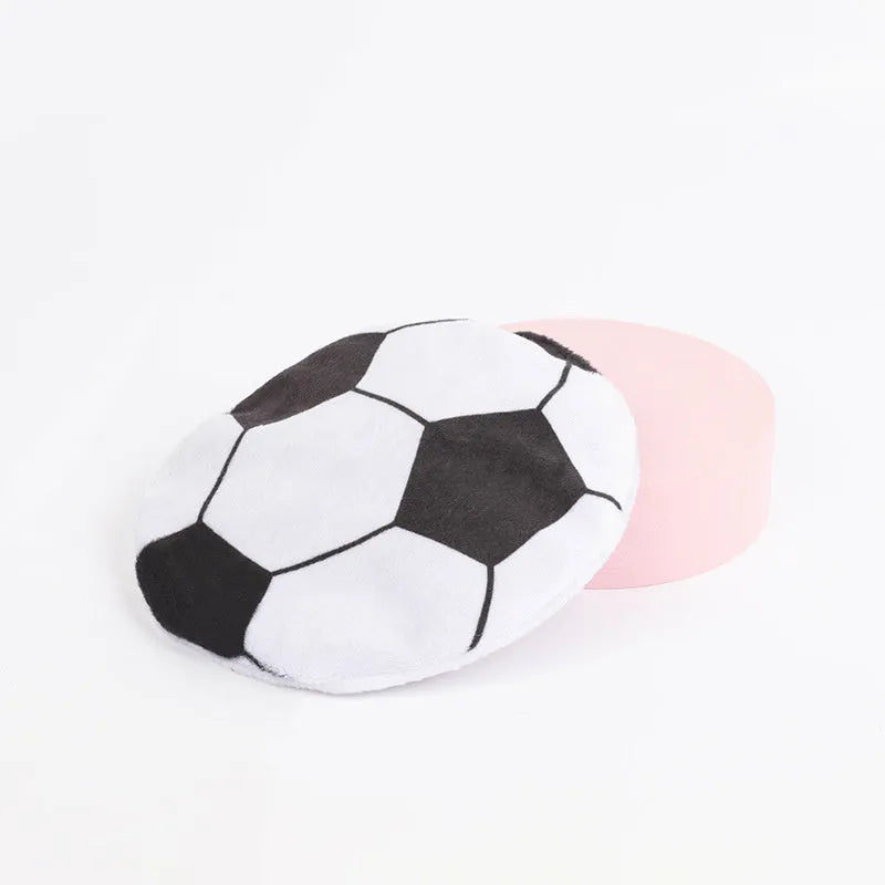 Plush flying disc cat toy with sports ball pattern measuring 5x5x2cm