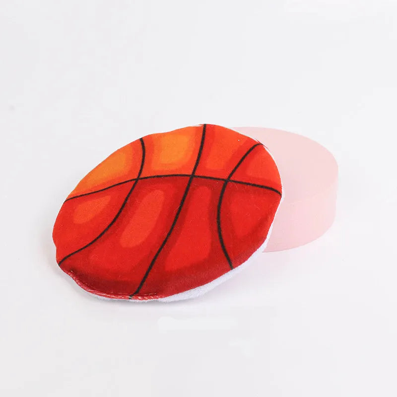 Plush flying disc cat toy with sports ball pattern measuring 5x5x2cm