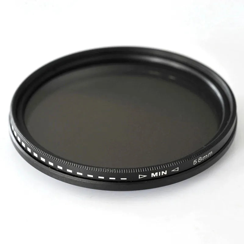 Variable neutral density camera lens filter with multi-diameter thread sizes from 37mm to 95mm for ND2-ND400 light control.