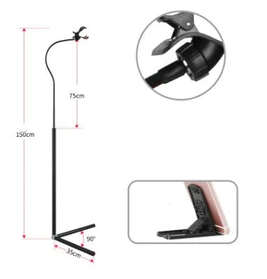 Adjustable bedside mobile phone holder bracket in black or white with universal clamp and folding mount