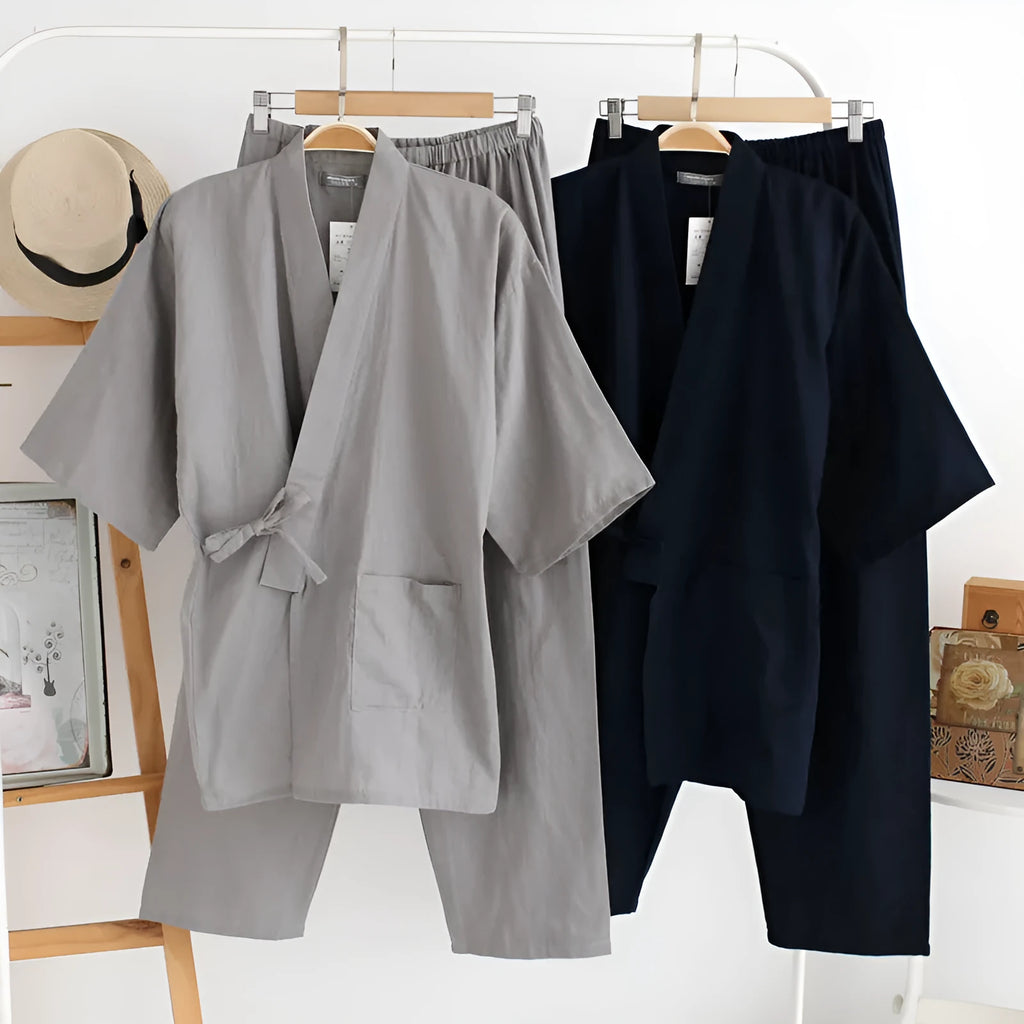 Men's black cotton double gauze kimono pajamas with loose fit and 3/4 sleeves on a model