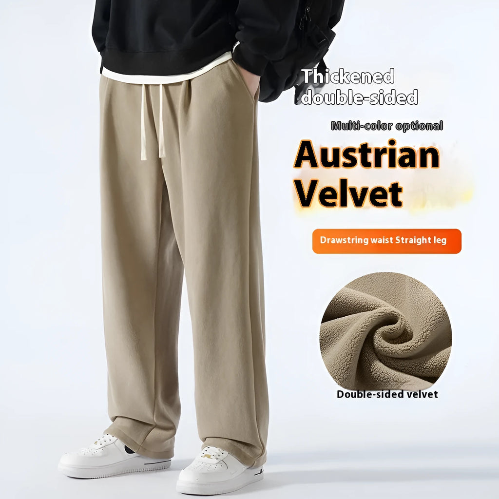 Men's double-sided polar fleece winter trousers with wool lining in Korean loose fit style