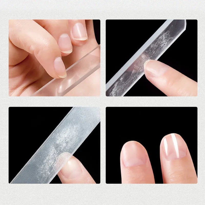 Transparent glass nail file 9 cm x 1.3 cm x 0.2 cm with physically polished surface for manicure use