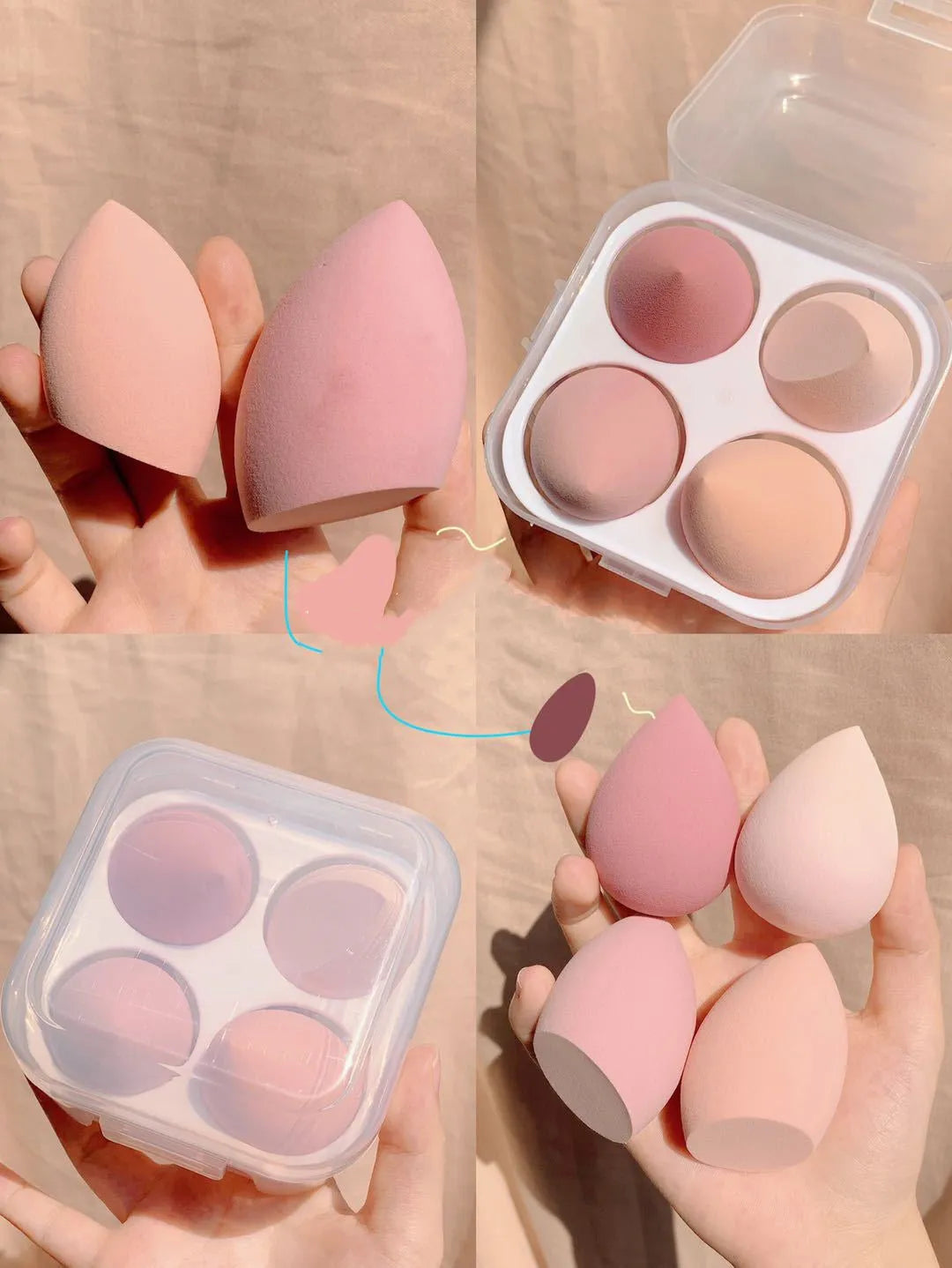 Box containing four coloured makeup egg sponges in Grape, Mango, Mint, and Peach.