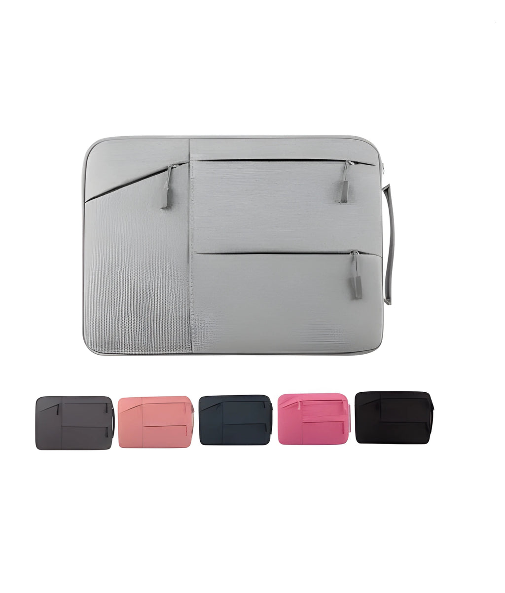 Laptop sleeve bag for 15 inch notebook with double zipper and front pockets in gray