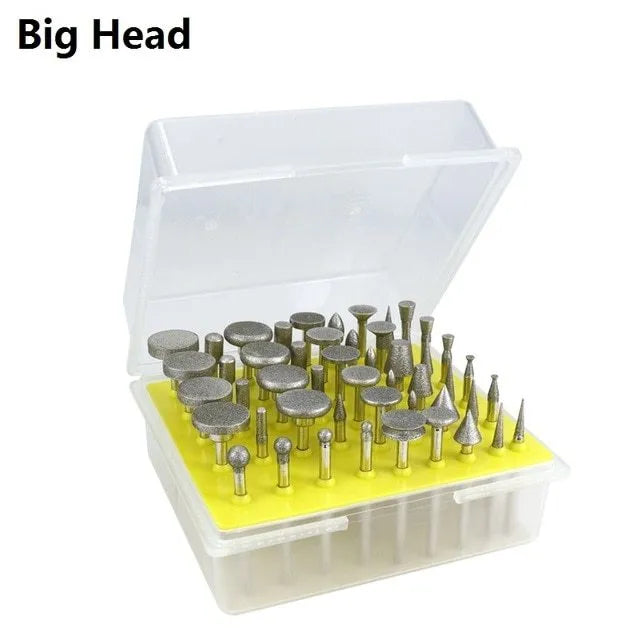 Set of alloy diamond grinding heads with elliptical cone shape and 3mm shank for rotary tools.
