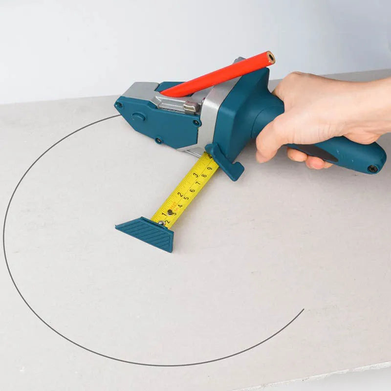 Blue multifunctional woodworking cutter with a one-press lock mechanism and scale for cutting boards.