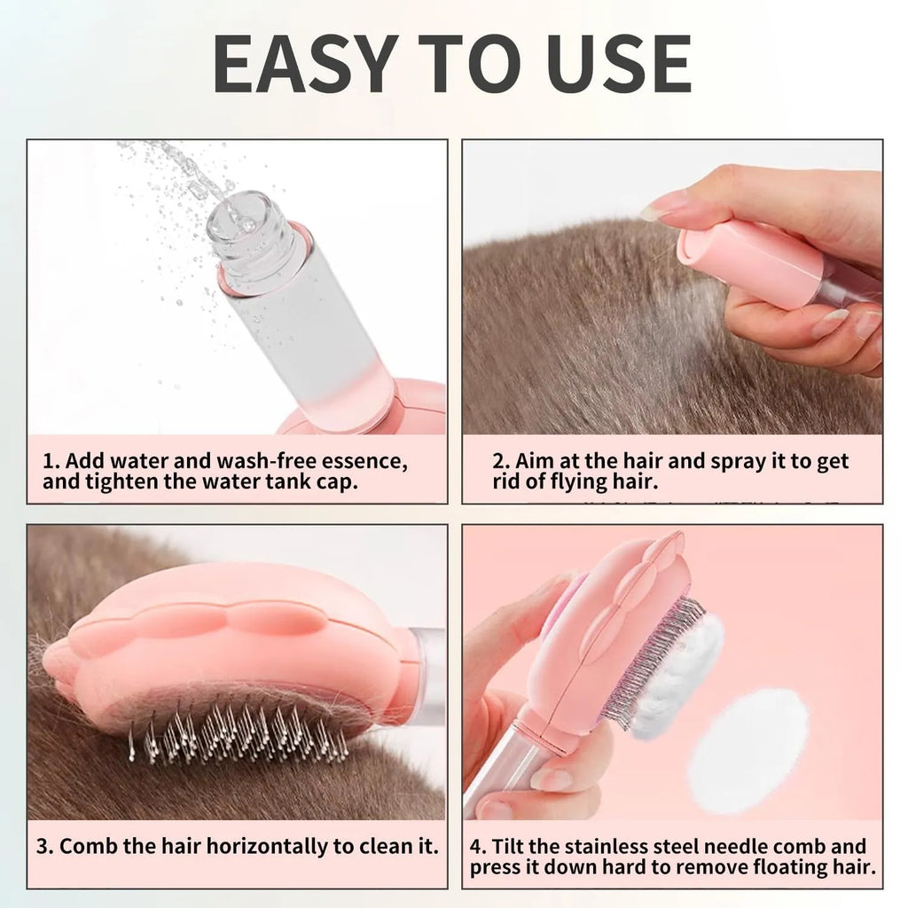 Grey spray cat brush with release button for pet grooming and shedding control