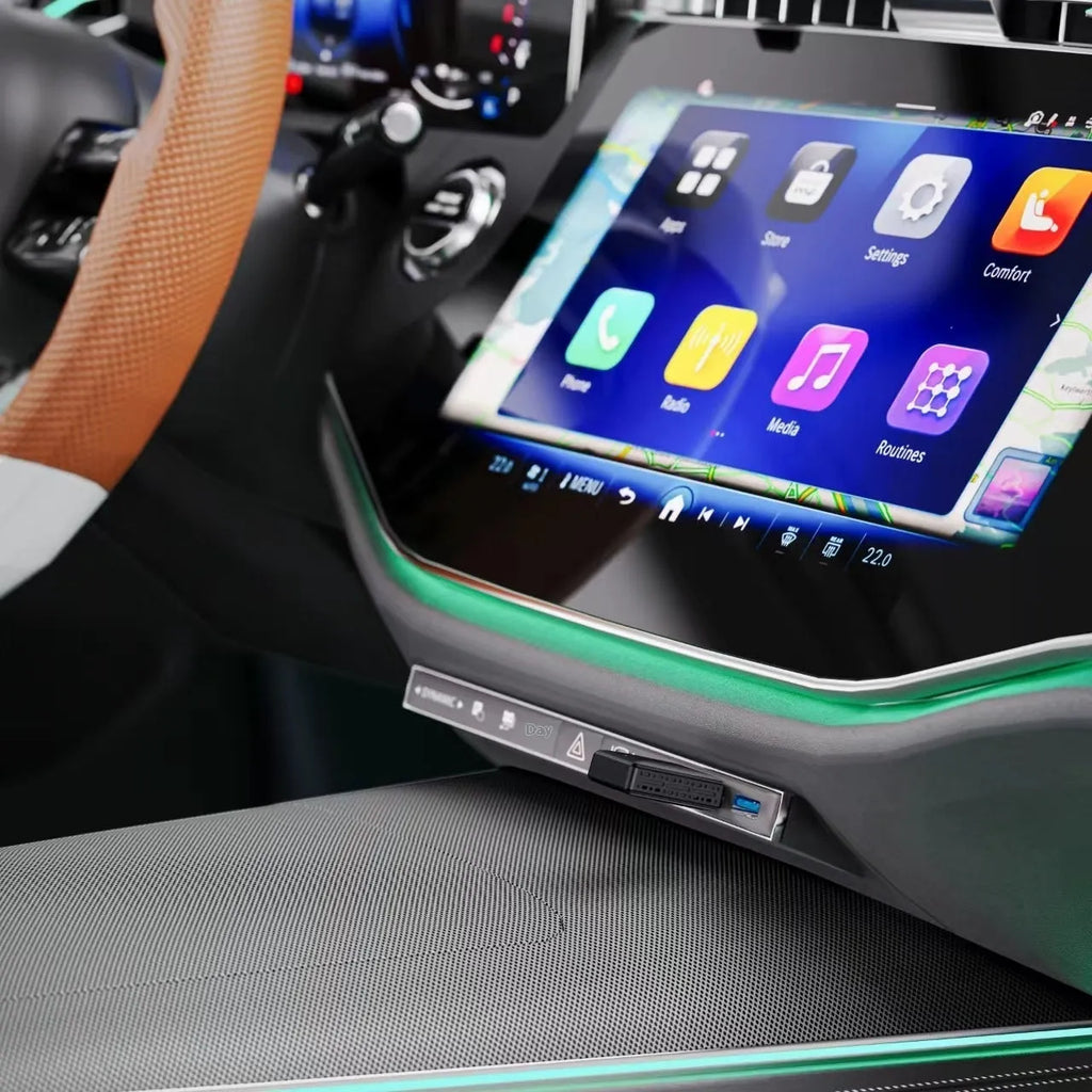 Two-in-one wired to wireless car interconnection box in black ABS with USB and Type C interfaces