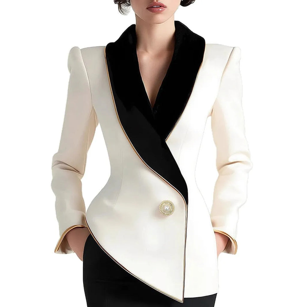 Milky white women's irregular long sleeve coat with golden edge pearl buttons on a hanger.
