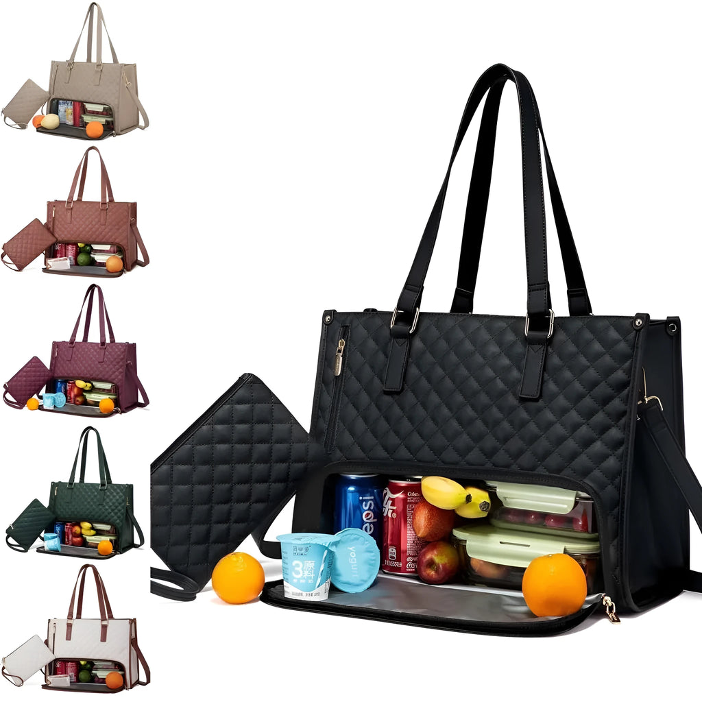 Women's quilted 2-in-1 thermal lunch tote bag with purse, 42 x 32cm, artificial leather, crossbody laptop storage