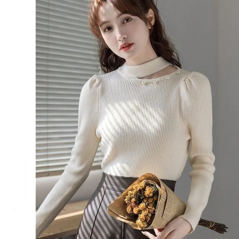 Women's half turtleneck beaded pullover top with long flying sleeves in beige, black, khaki or grey