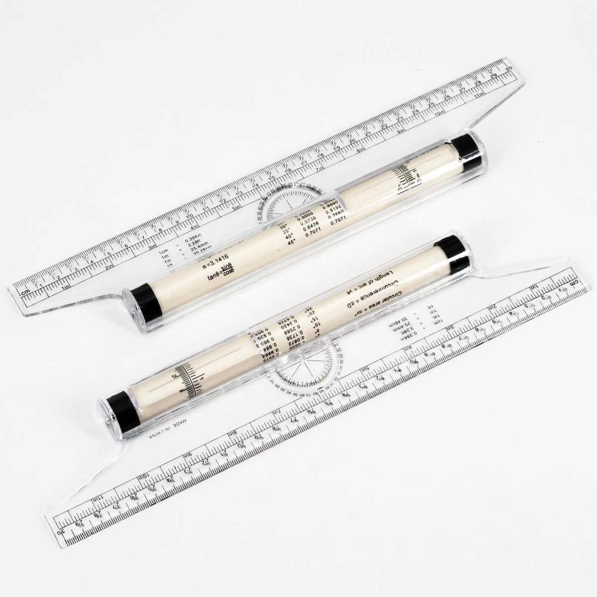 30cm plastic rolling ruler with calibrated rollers, angle and arc rapporteur, and magnifying glass