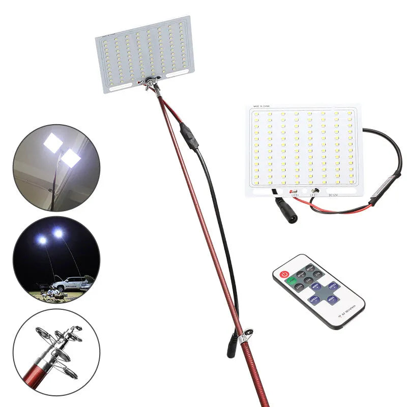 White LED fishing rod light mounted on a telescopic pole with remote control for outdoor use.