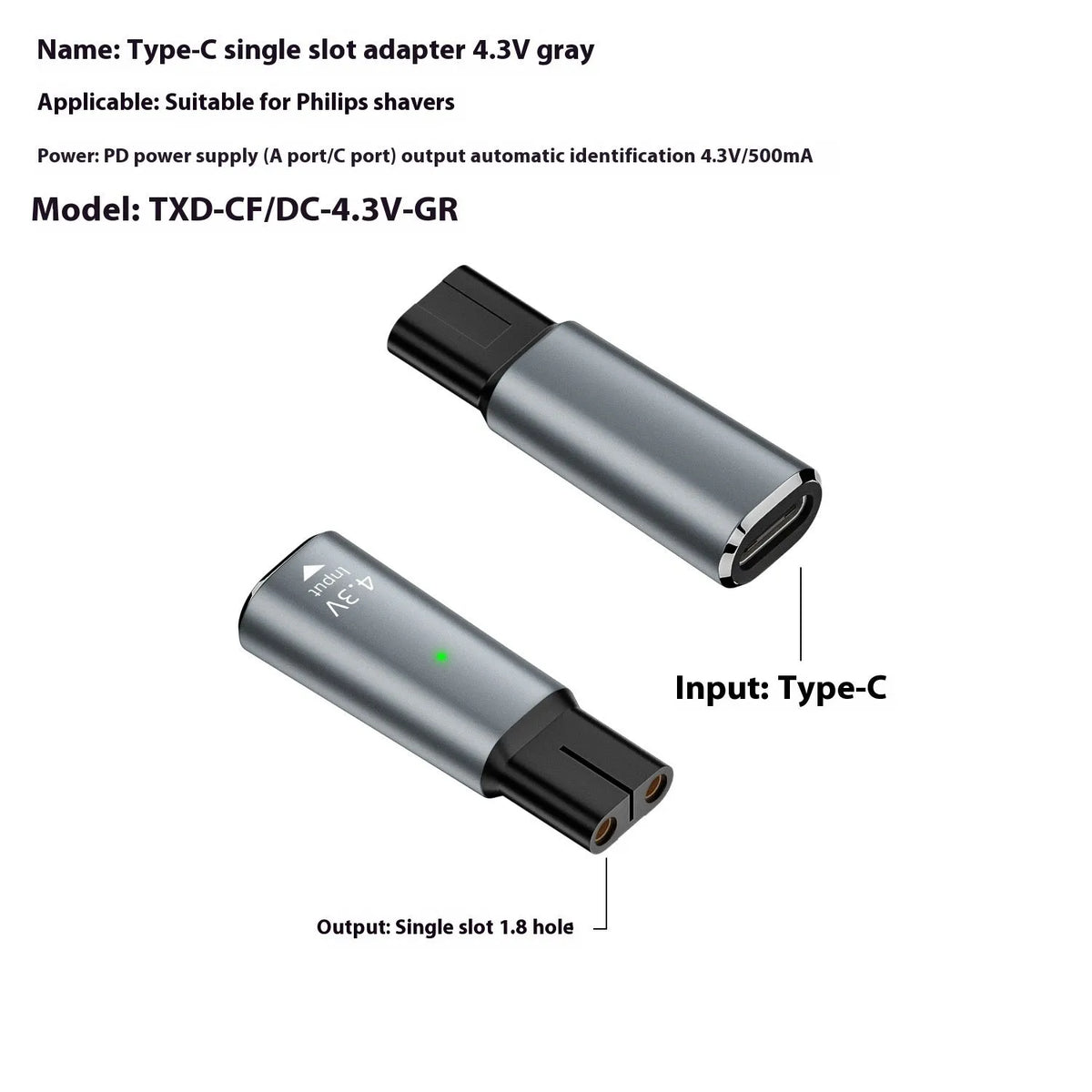 Black 4.3V USB-C charging adapter for electric shavers and hair clippers with aluminium alloy housing