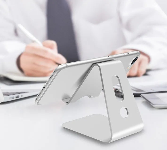 Universal aluminium alloy phone and tablet stand in black, red, rose gold, and silver colour options.