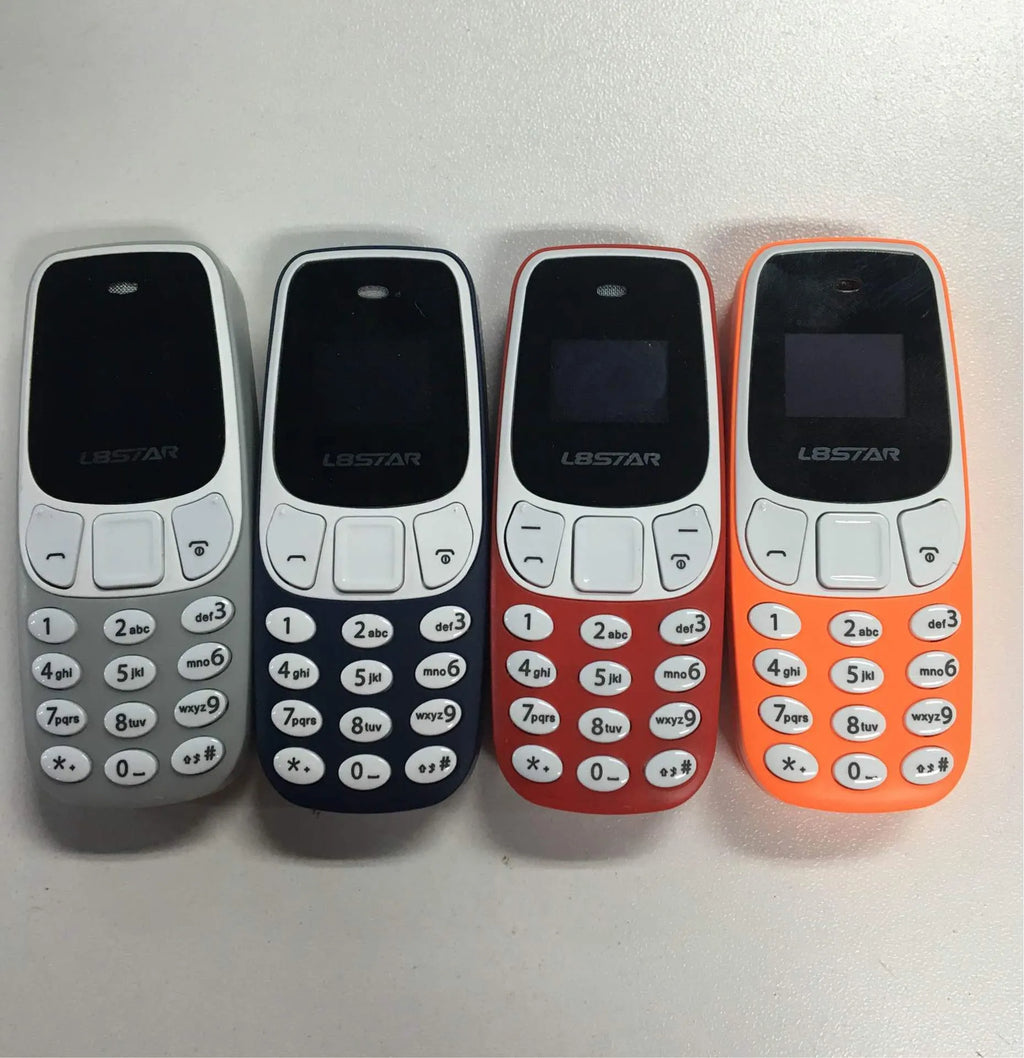Miniature blue thumb phone with 0.66-inch OLED display, 68mm length, and keypad for dual SIM calling