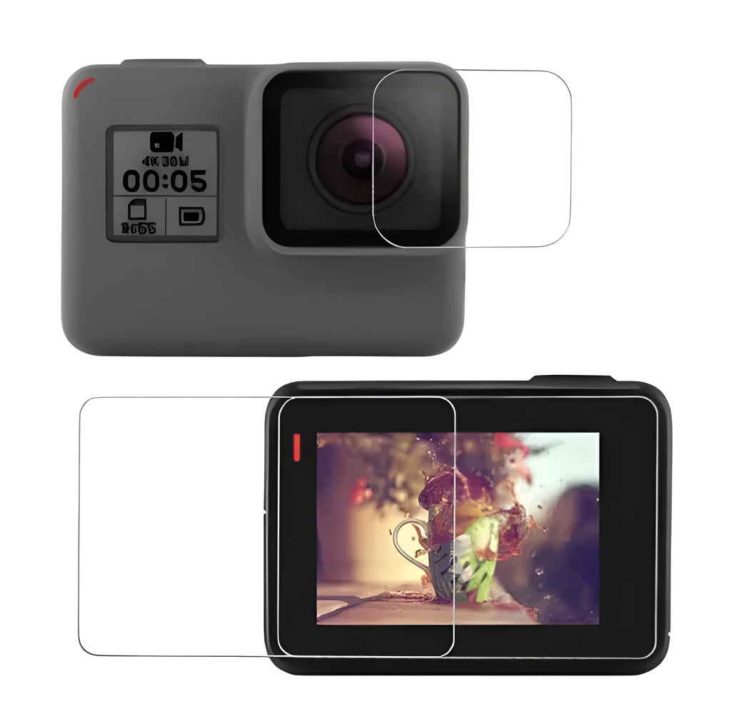Transparent tempered glass lens and LCD screen protector set for GoPro Hero 5, 6, and 7 cameras