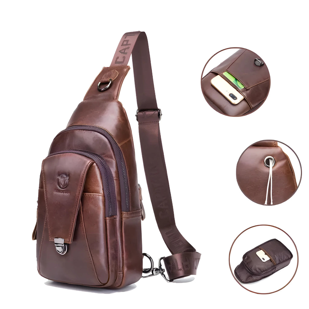 Men genuine brown leather crossbody bag with flap and clasp, 18x8x30cm, on model