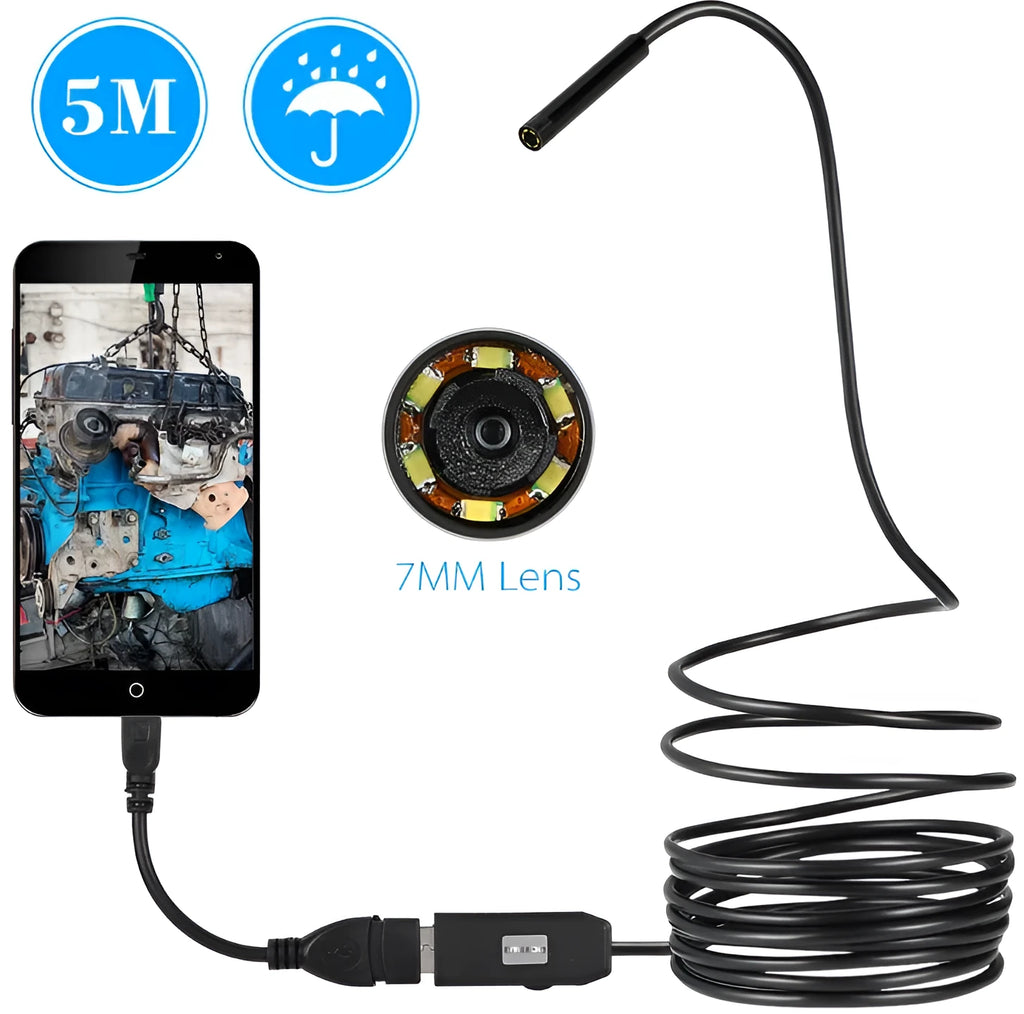 OWSOO USB endoscope camera with 5m cable, adjustable LEDs, hook, magnet, and side mirror attachments
