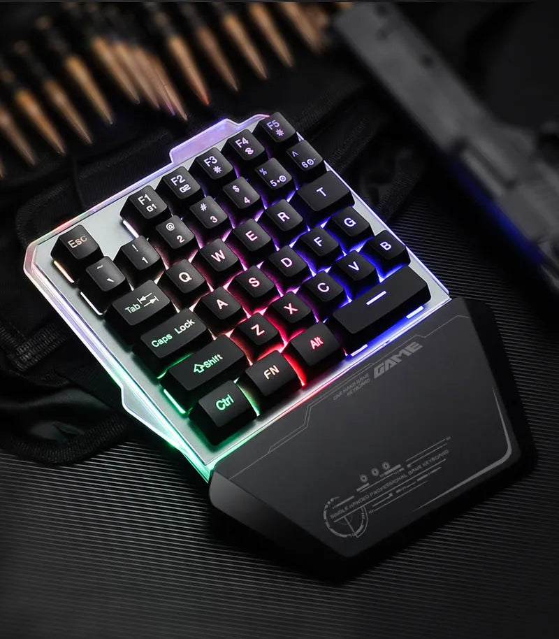 Black robotic one-handed gaming keyboard with RGB backlight and 1.8 metre USB cable