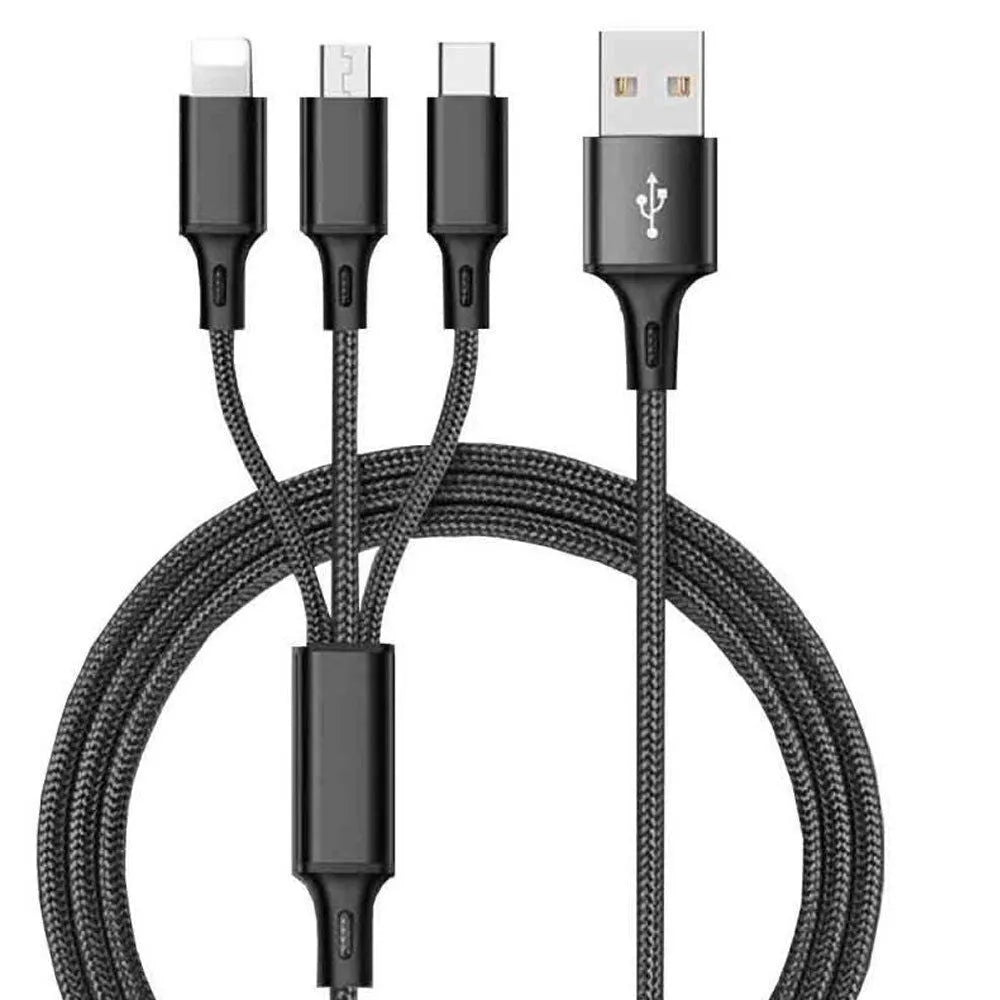 Braided 3-in-1 universal charging cable with aluminium alloy connectors for iPhone Android and Type-C devices
