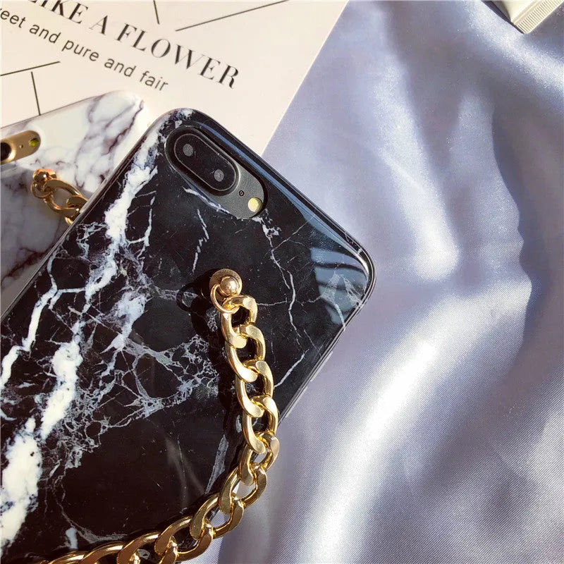 Pearl chain marble phone case TPU back cover for iPhone on black background