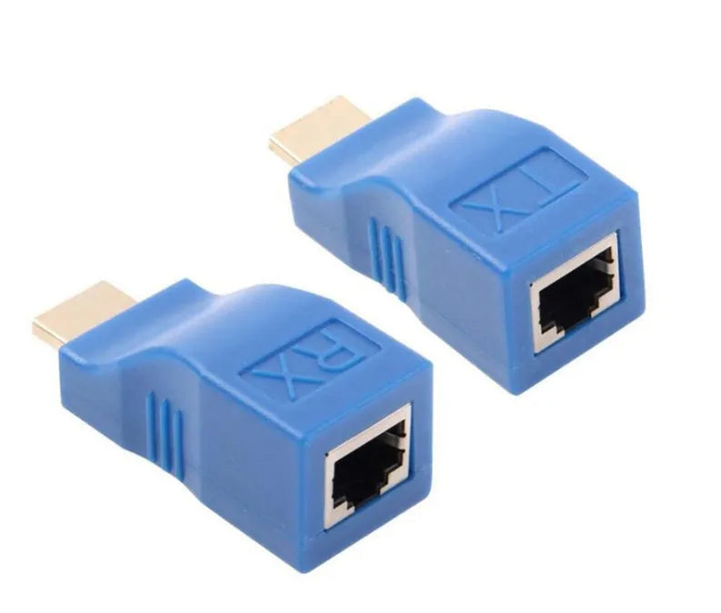 Compact HDMI over Cat5e Cat6 extender transmitter and receiver pair for long distance 1080p signal transmission.