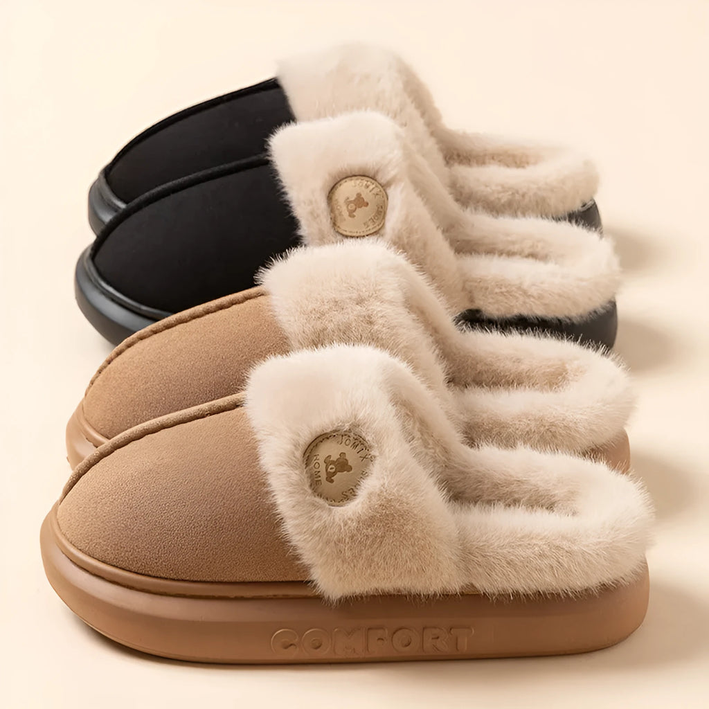 Plush fleece indoor slipper with thick PVC sole in multiple colours