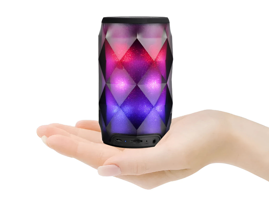 Black crystal diamond-cut Coke can shaped Bluetooth speaker and lantern with colourful LED lights.