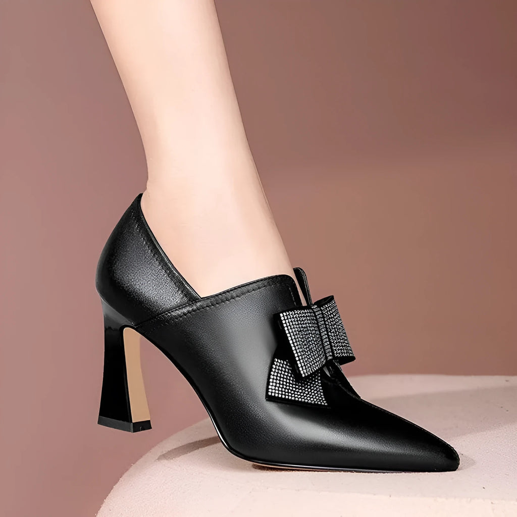 Women's bow boots with pointed toe, 6-8cm chunky high heel, PU upper, black or beige, sizes 34-40
