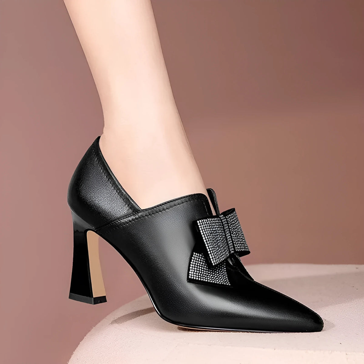 Women's bow boots with pointed toe, 6-8cm chunky high heel, PU upper, black or beige, sizes 34-40