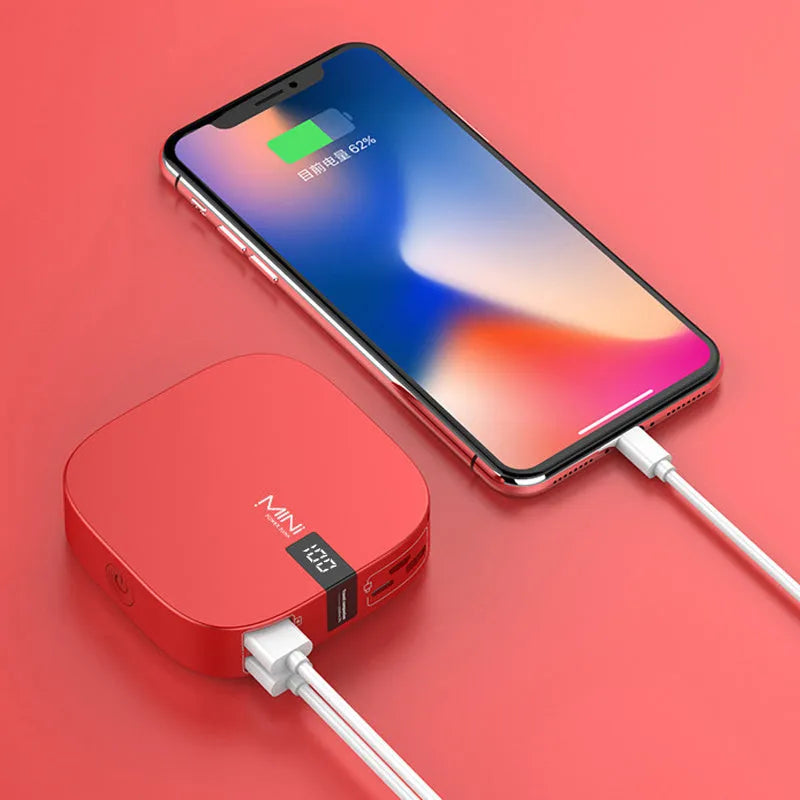 10000 mAh mini power bank with digital display in black, compact portable charger with two USB ports