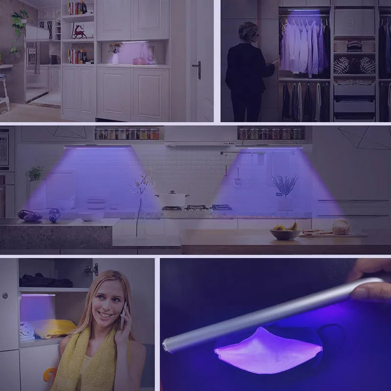Silver handheld UV disinfection sterilisation stick, 20 x 300mm, USB rechargeable, 600mAh, 147 grams