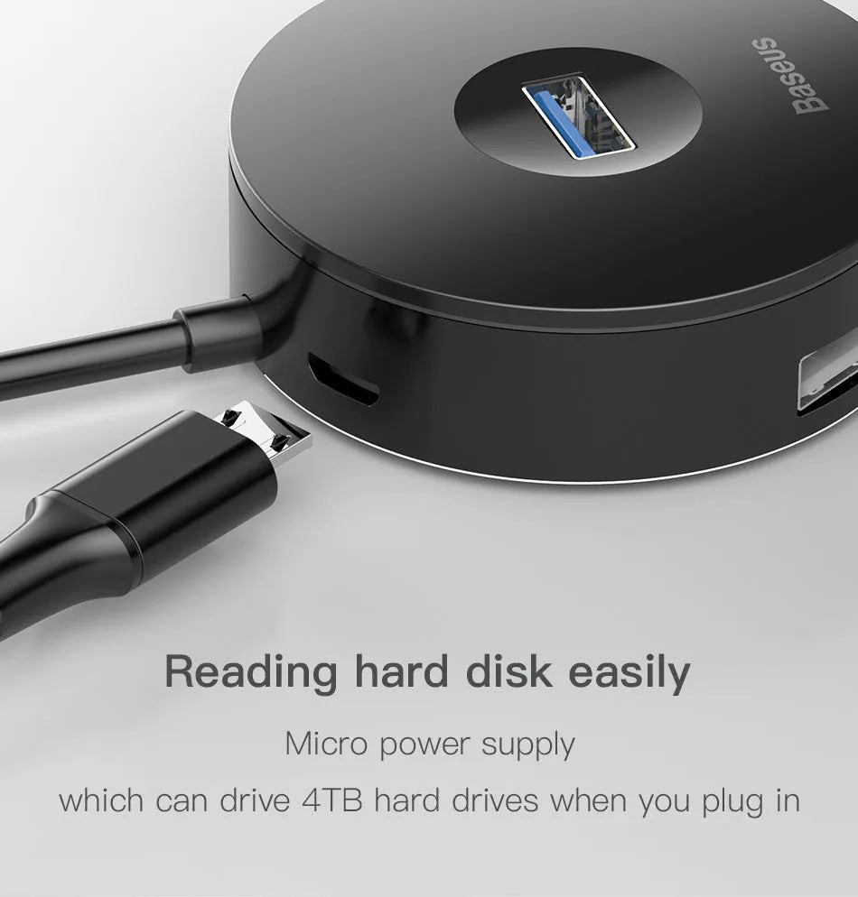 USB hub adapter in round box with USB 3.0 and USB 2.0 ports and cable