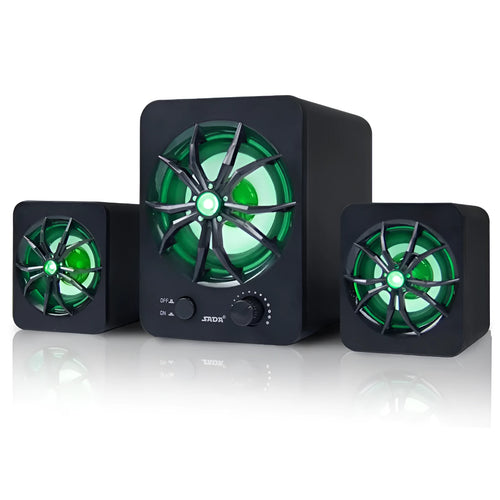 Green 2.1 USB mini computer speaker with colourful LED glowing lights on a desk.