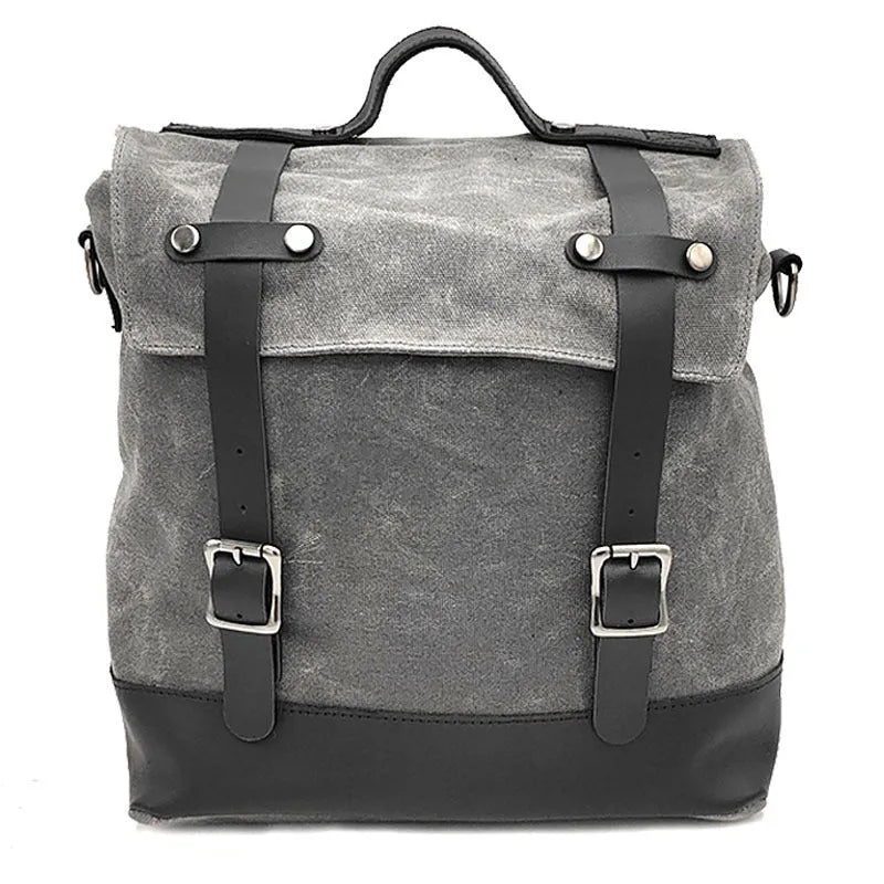 Waterproof canvas motorcycle side bag with cowhide details in black colour