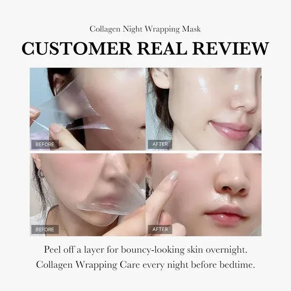 75ml bottle of collagen overnight face mask with application brush on a blue background.