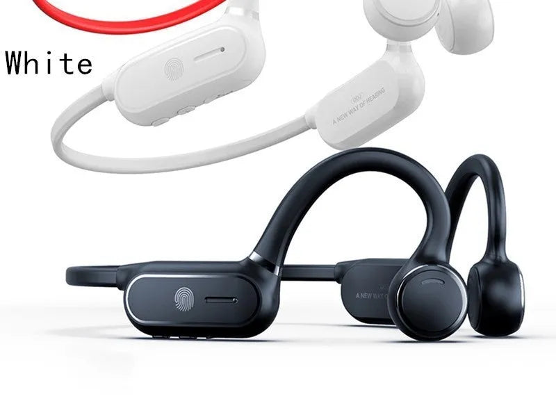 Black open-ear air conduction Bluetooth wireless earphones with a flexible titanium frame on a white background.