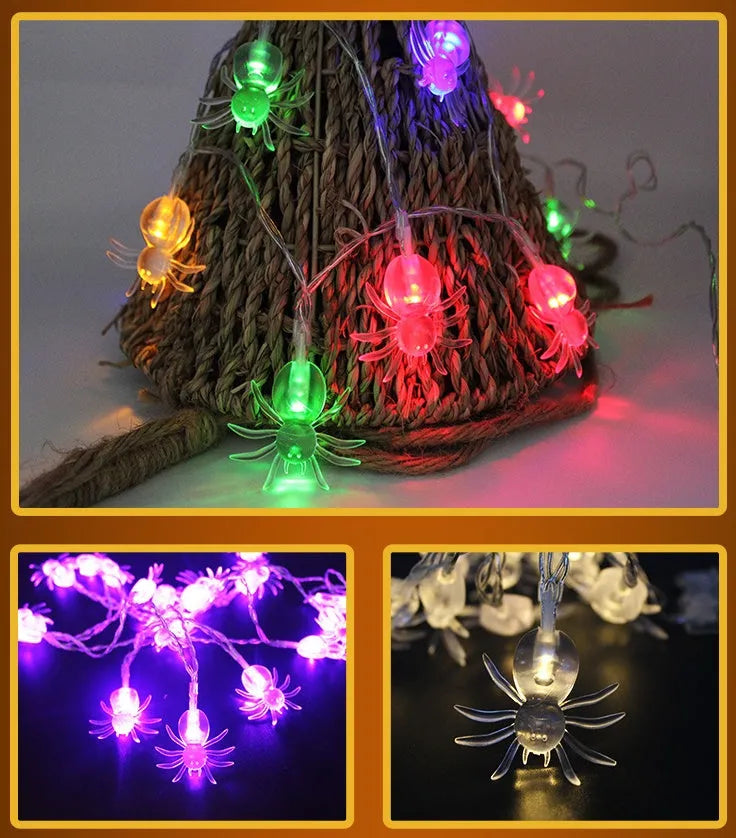 Halloween LED string lights with bat, pumpkin, ghost and spider pendants on a 1.2 metre battery-powered string